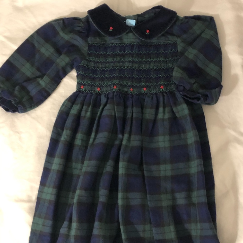 Girls 18 month navy green plaid smocked romper